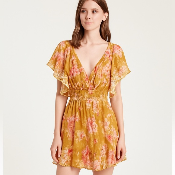 GLINER FARRAR Yellow Plunge Neck Flutter Sleeve Mini Dress Size Small - Picture 1 of 7